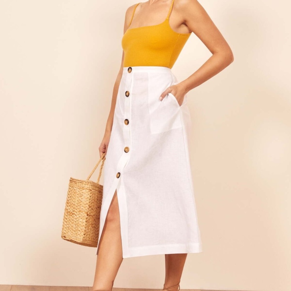 Reformation White Button-Front Midi Skirt